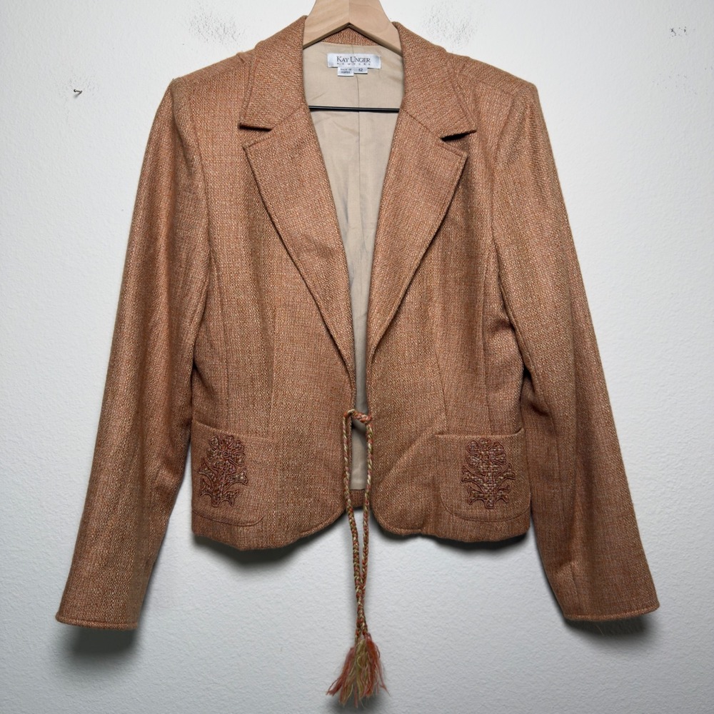 Kay Unger Women Virgin Wool Mohair Blazer 12 Orange Tan Embroidered Tie Jacket